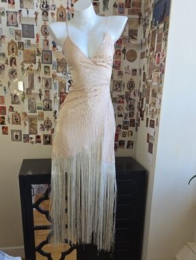 Elegant Asymmetrical Fringe Mini Dress Cream Wrap V Neck